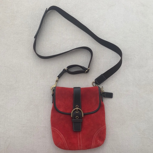 Coach Handbags - COACH Vintage Red Suede Crossbody Bag
